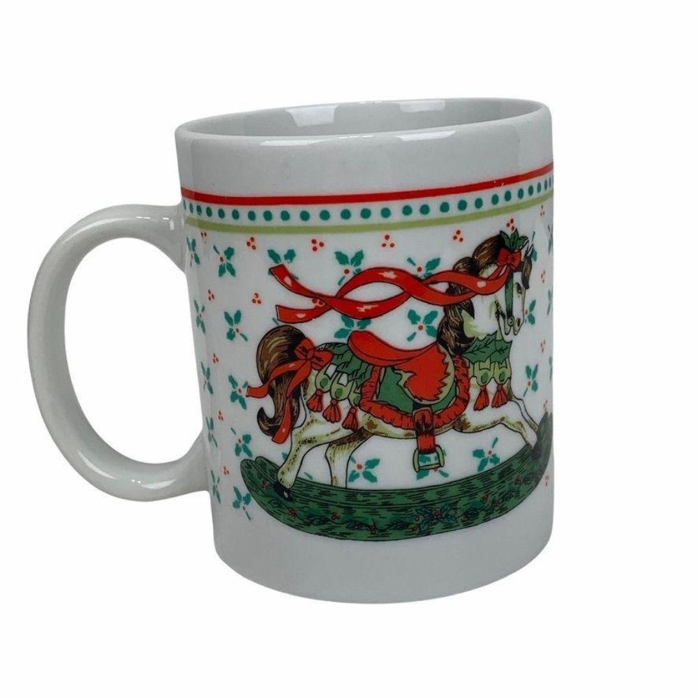 Vintage Rocking‎ Horse Christmas Mug Holly Berries